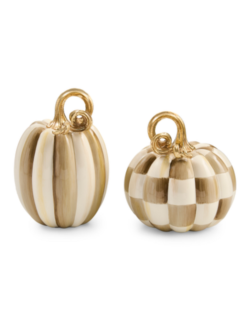MacKenzie-Childs mocha check and stripe petite pumpkins, set of 2