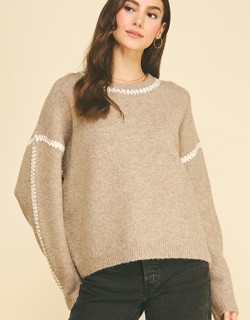 PINCH STITCH EMBROIDERED DETAIL KNIT SWEATER-TAUPE