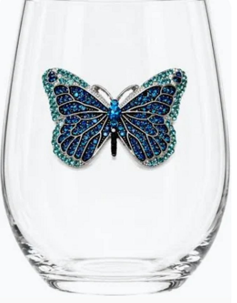 THE QUEENS JEWELS BLUE BUTTERFLY STEMLESS WINE GLASS