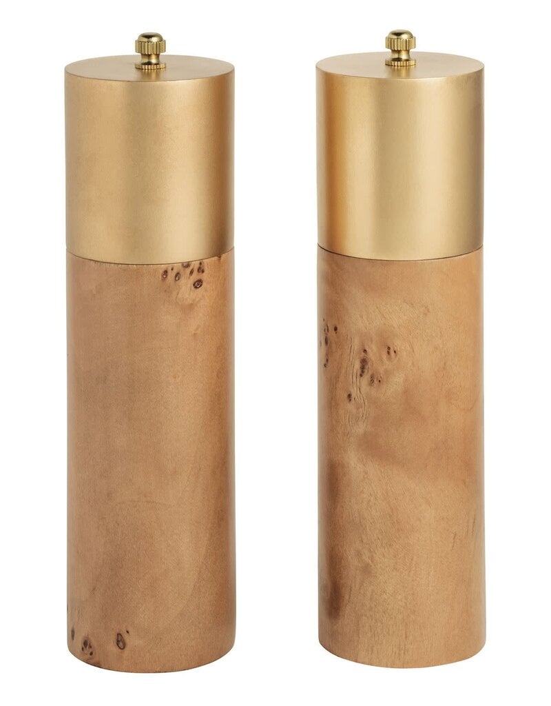 MUD PIE BURL WOOD AND BRASS SALT AND PEPPER GRINDER SET