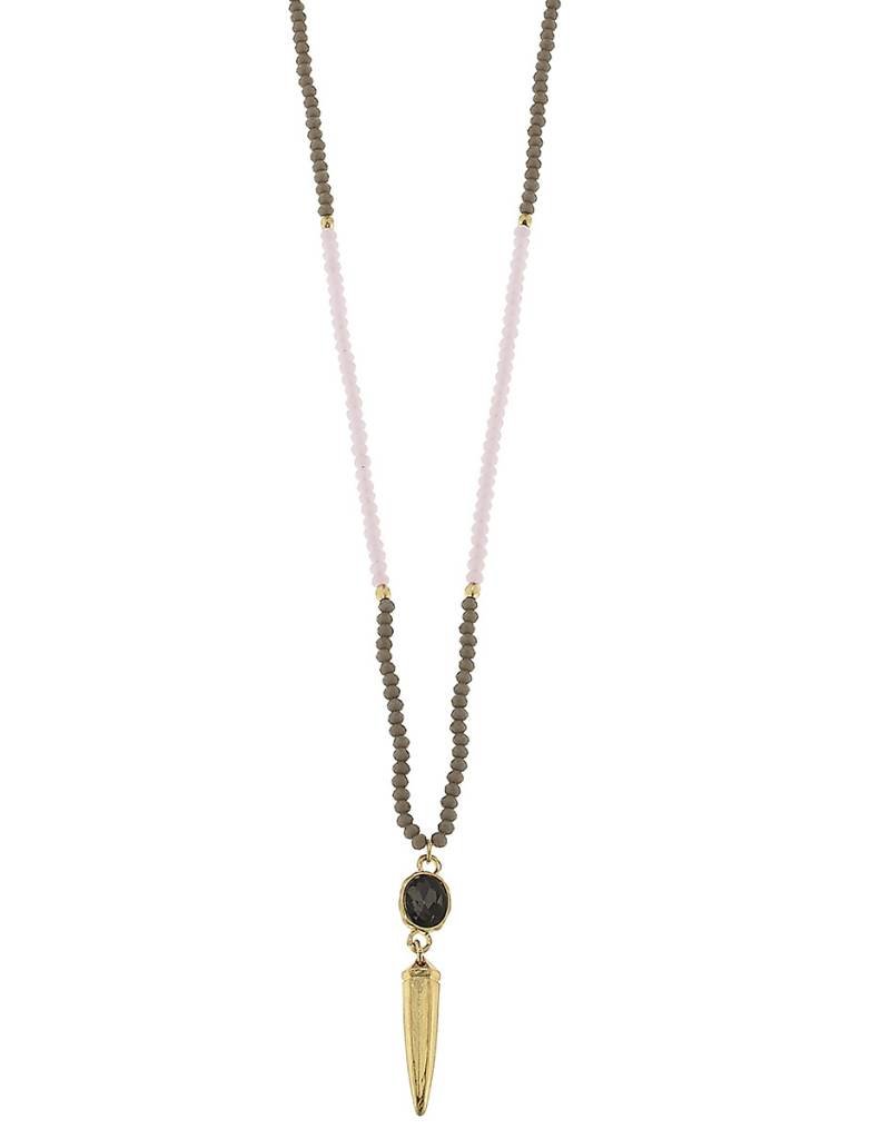 CANVAS BEADED GLASS RHINESTONE SPEAR NECKLACE PNK/GRY