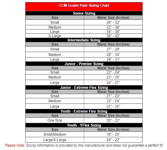 Ccm Junior Hockey Pants Size Chart