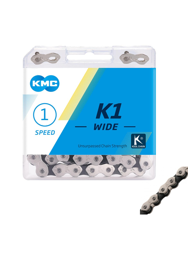 KMC Chain K1 Wide x 112L, Single Speed, CHROME/Black