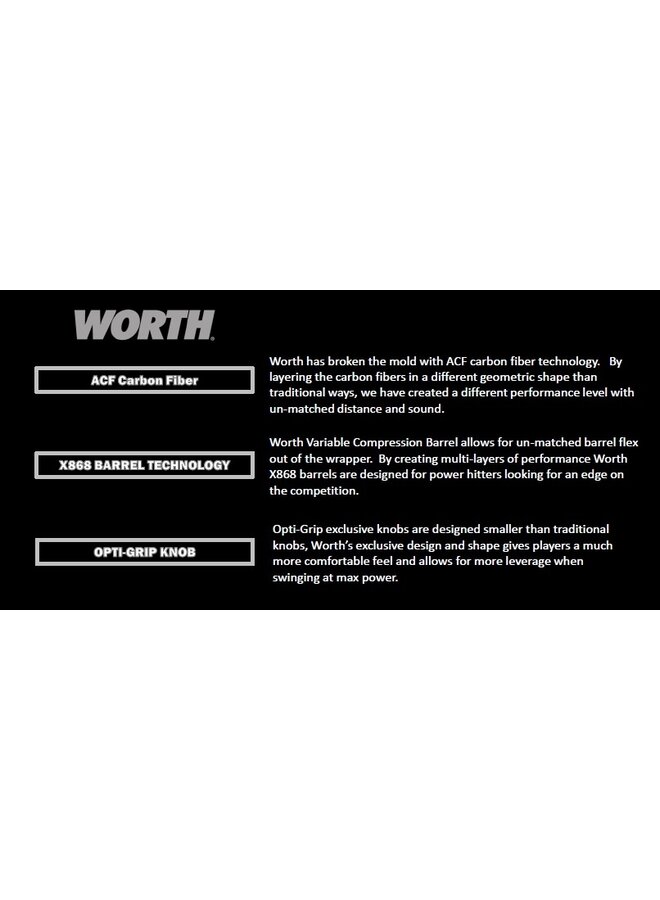 2025 WORTH WORTH BEDLAM XL 1PC - PHIL MATTE 12.75" SLOWPITCH BAT USSSA