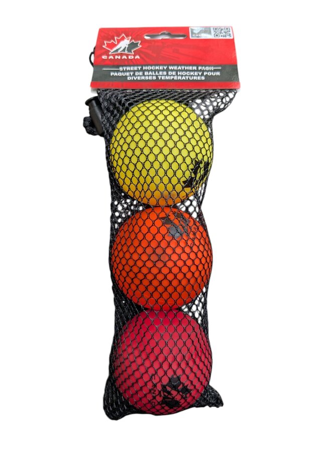 TEAM CANADA STREET HOCKEY BALL 65MM 50G ALL WEATHER 3 PACK