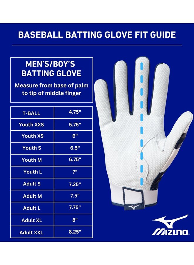 2026 MIZUNO MVP BATTING GLOVE YOUTH WHITE - BLUE T-BALL