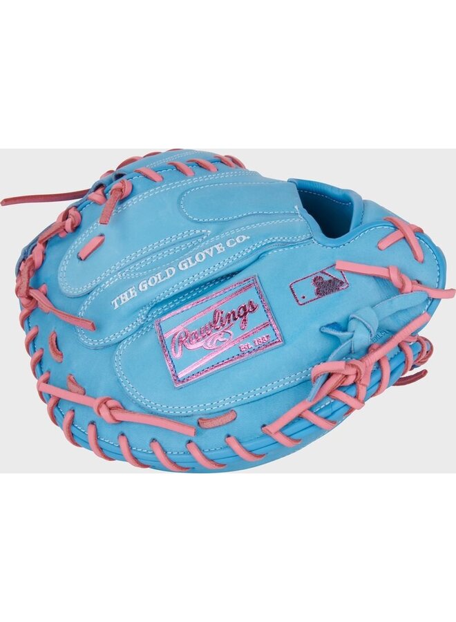 RAWLINGS HOH CATCHERS MITT A. RUTSCHMAN PATTERN 33.5" RHT CAROLINA BLUE/PINK