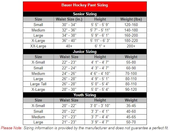 Bauer Hockey Pants Size Chart