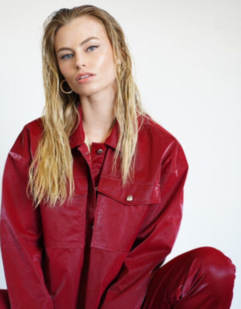 LNA Textured Check Vegan Leather Shirt Jacket - Red