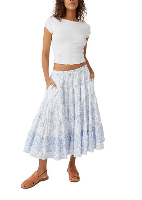 Free People Full Swing Printed Midi Skirt - Blue Heron Combo