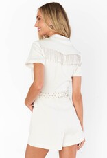 Show Me Your Mumu Outlaw Romper - White Rhinestone Fringe Denim