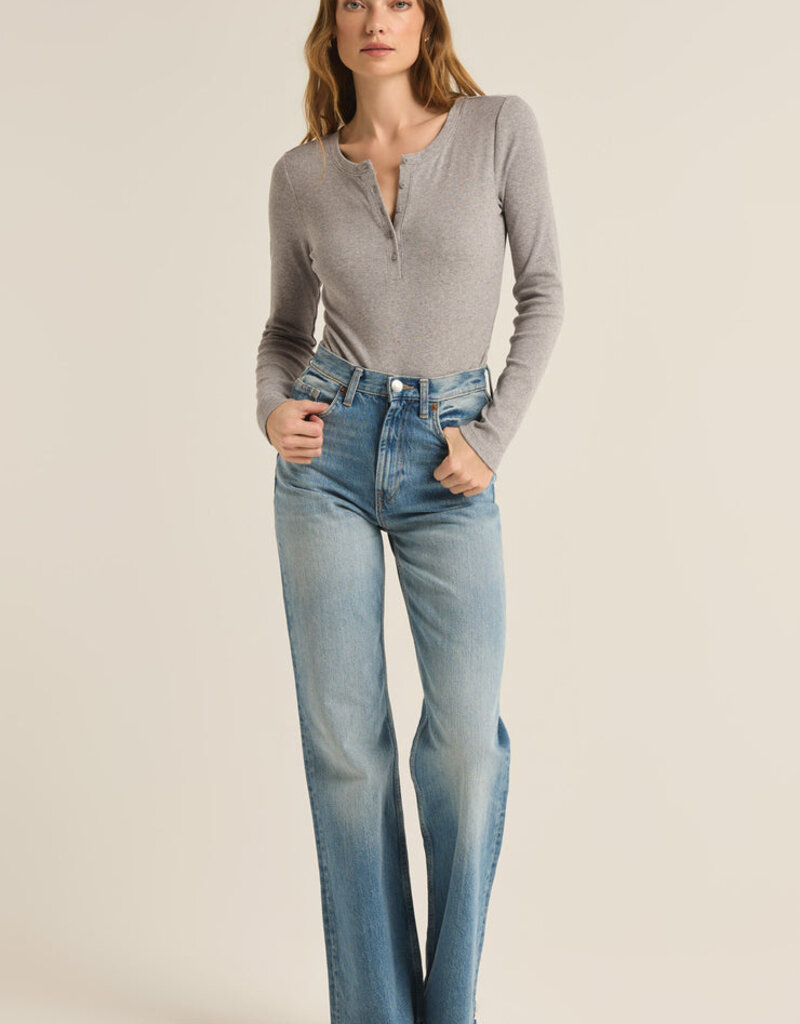 Z Supply Samara Rib Henley Long Bodysuit - Classic Heather Grey