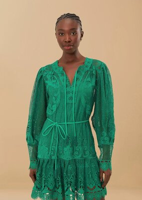 Farm Rio Green Tropical Flight Guipure Mini Dress