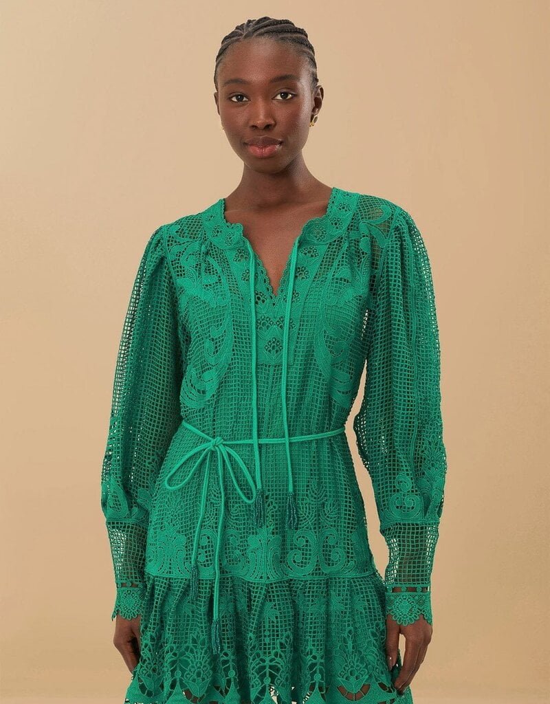 Farm Rio Green Tropical Flight Guipure Mini Dress