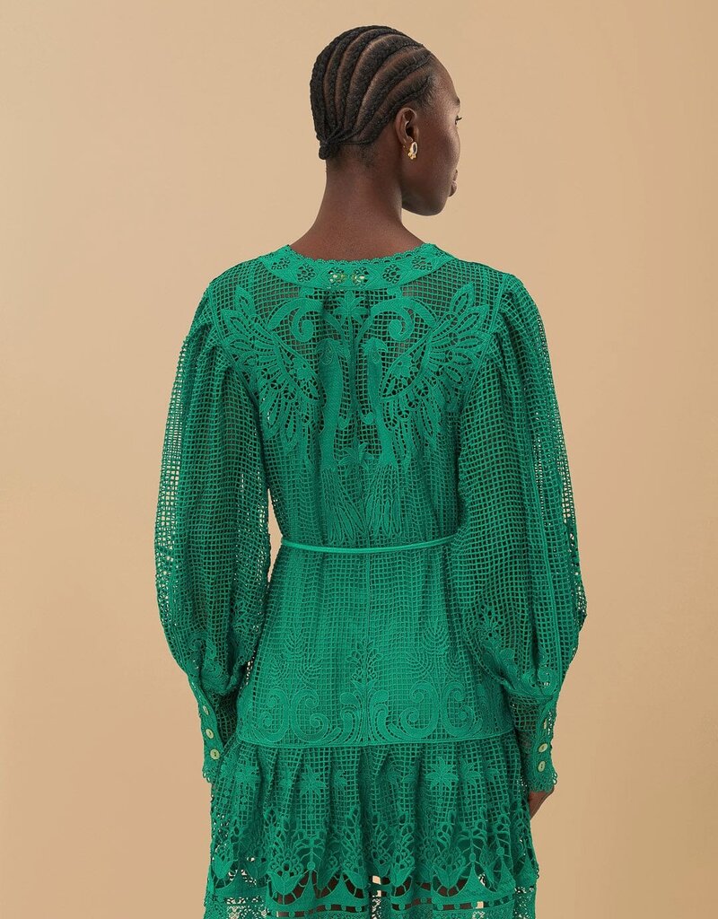 Farm Rio Green Tropical Flight Guipure Mini Dress