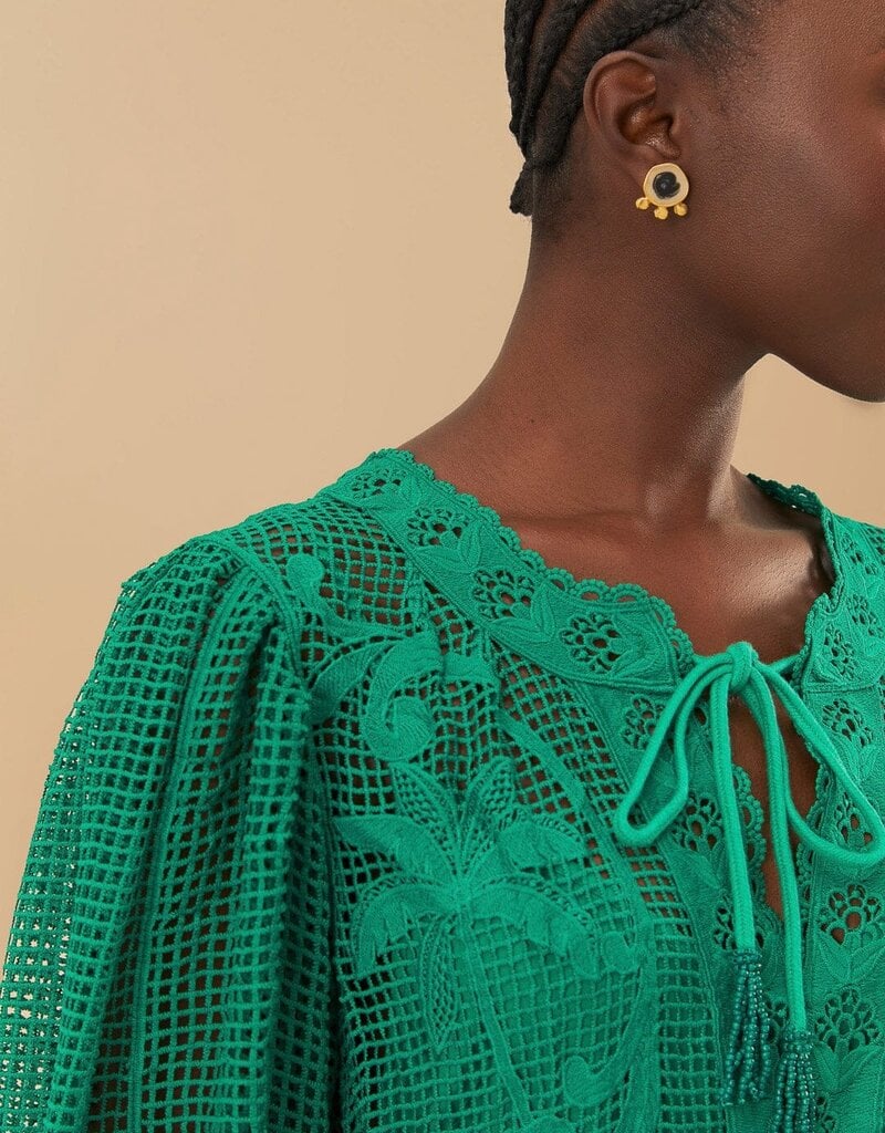 Farm Rio Green Tropical Flight Guipure Mini Dress