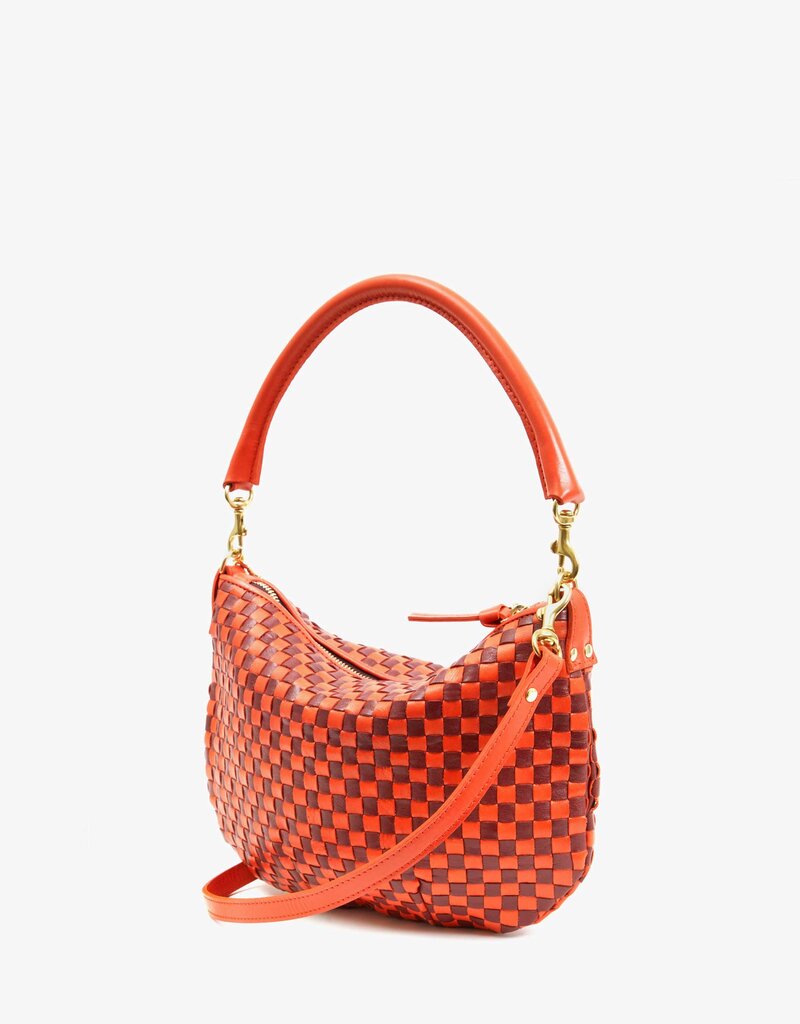 Clare V. Petit Moyen Messenger - Bright Poppy & Bordeaux Woven Checker