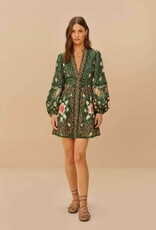 Farm Rio Green Pineapple Garden Long Sleeve Mini Dress