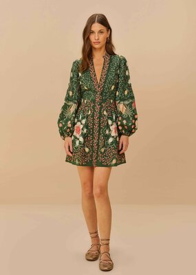 Farm Rio Green Pineapple Garden Long Sleeve Mini Dress