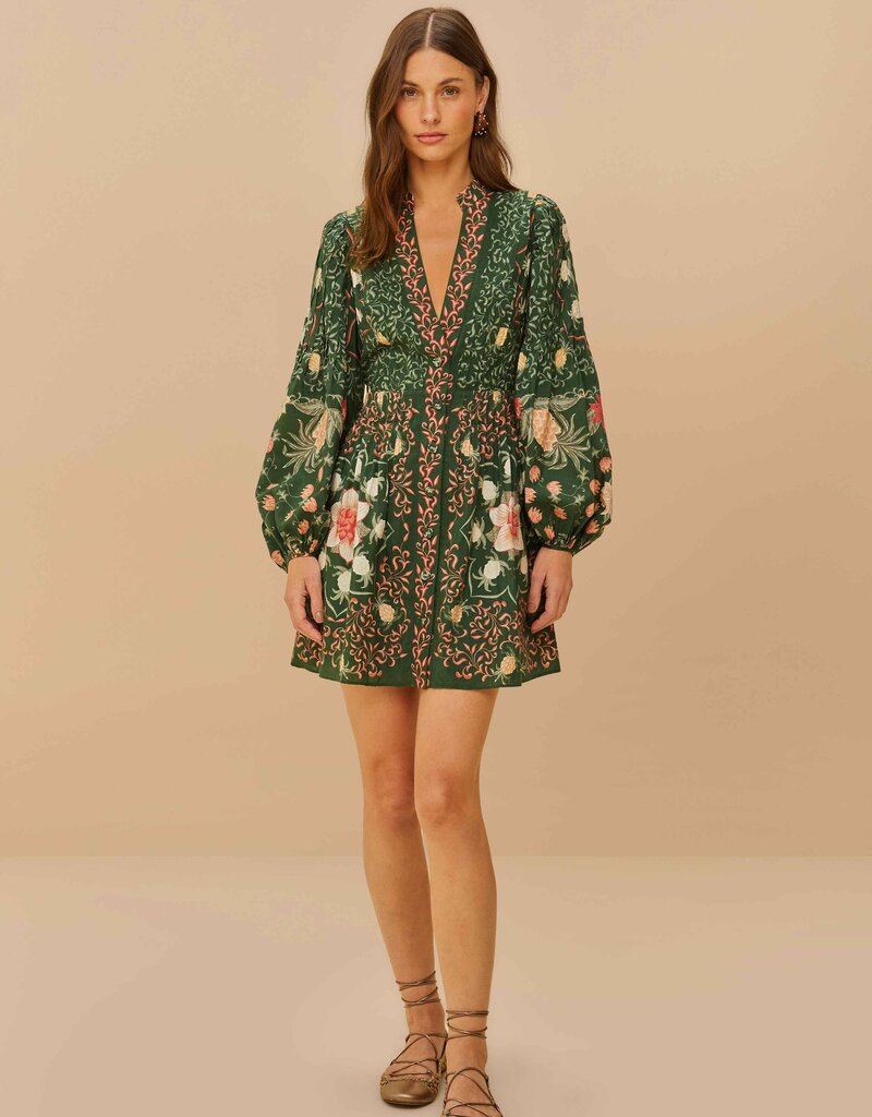 Farm Rio Green Pineapple Garden Long Sleeve Mini Dress