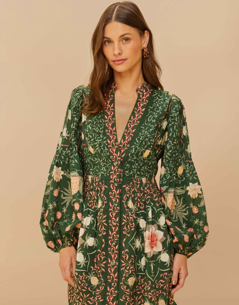 Farm Rio Green Pineapple Garden Long Sleeve Mini Dress