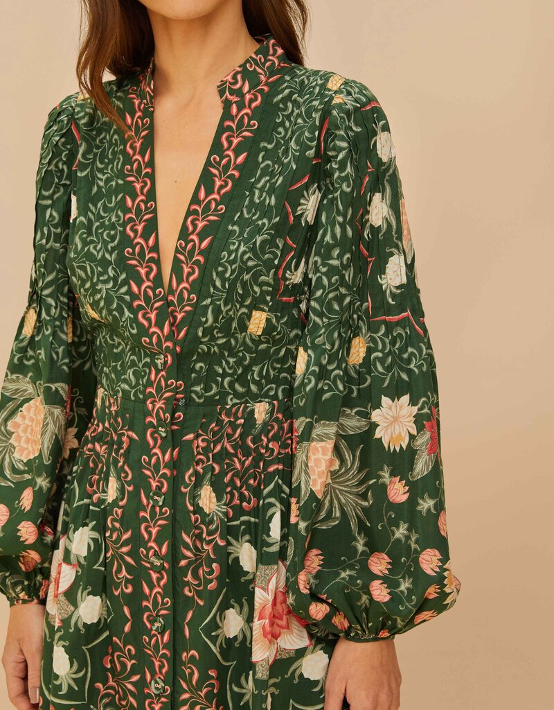 Farm Rio Green Pineapple Garden Long Sleeve Mini Dress