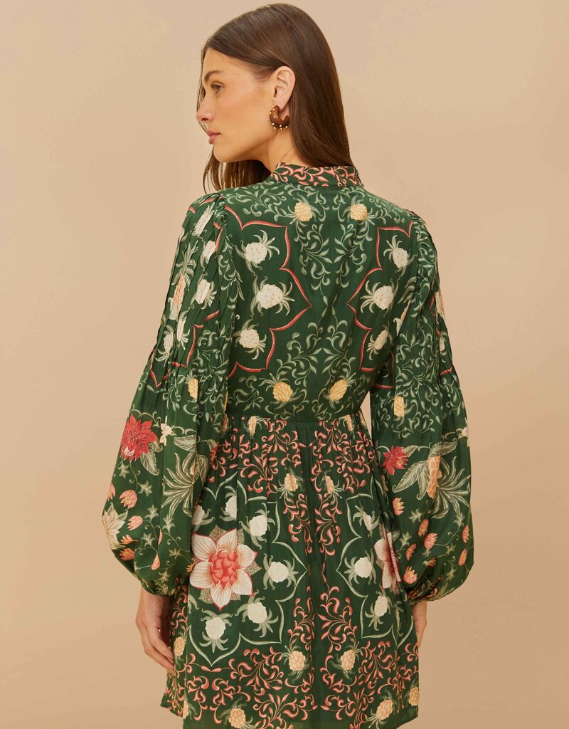 Farm Rio Green Pineapple Garden Long Sleeve Mini Dress