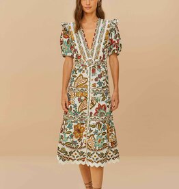Farm Rio Off-White Botanicals Belted Midi Dress