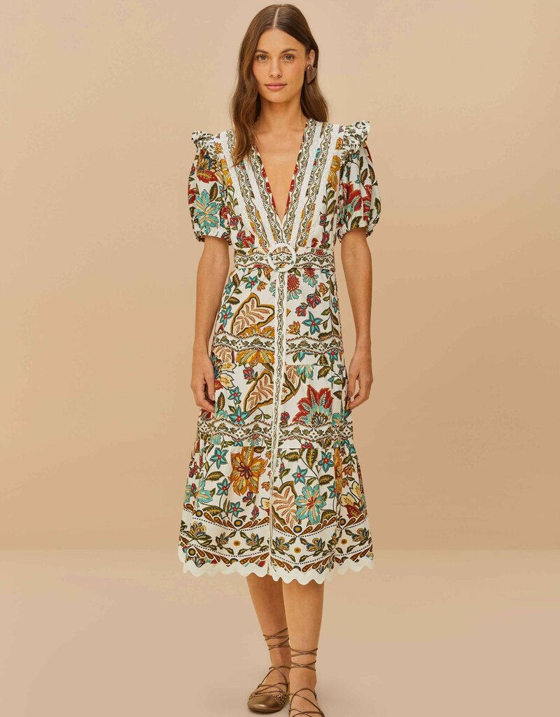 Farm Rio Off-White Botanicals Belted Midi Dress