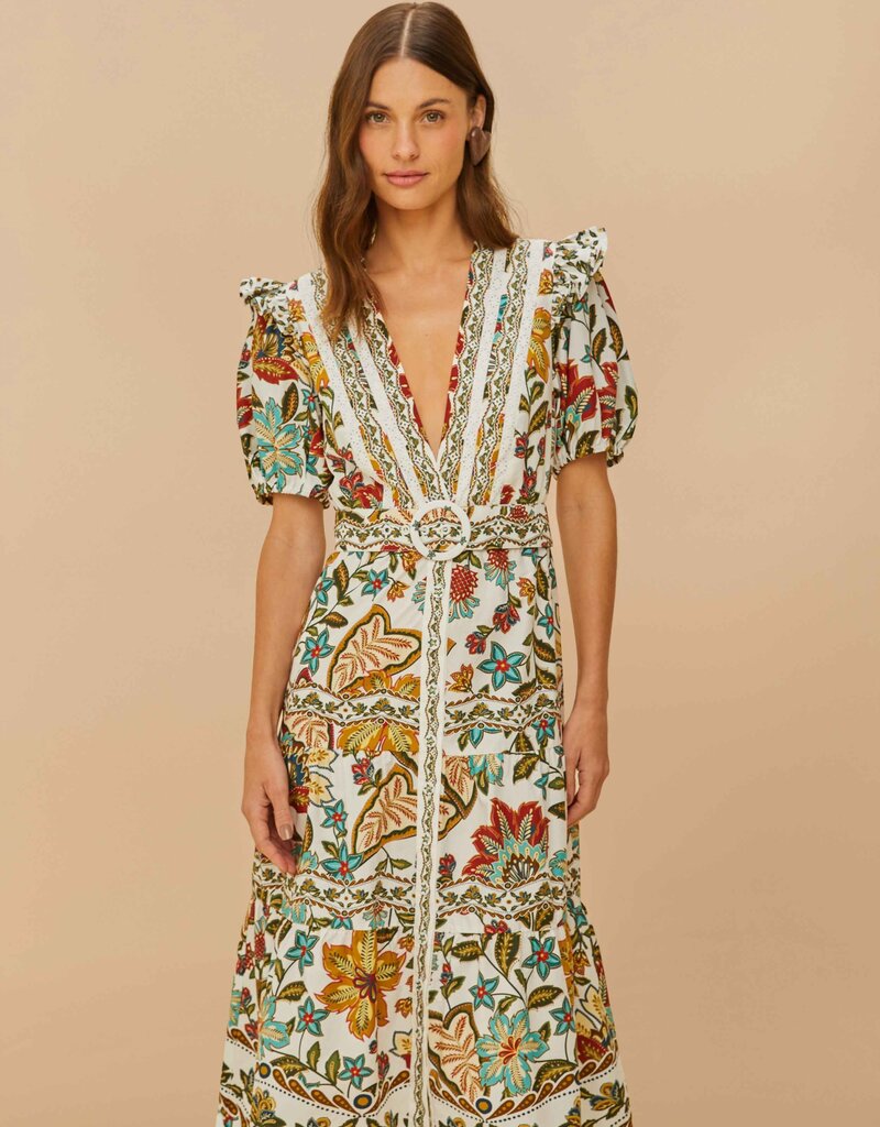 Farm Rio Off-White Botanicals Belted Midi Dress