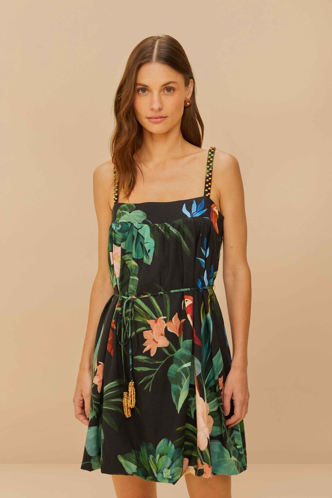 Farm Rio Black Midnight Macaw Fiesta Mini Dress