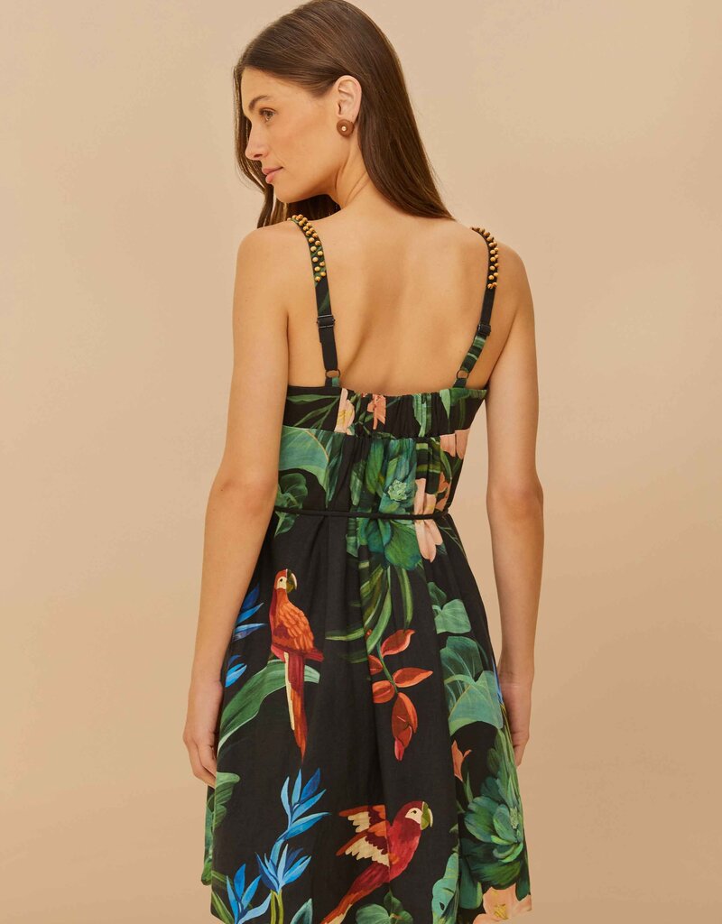 Farm Rio Black Midnight Macaw Fiesta Mini Dress