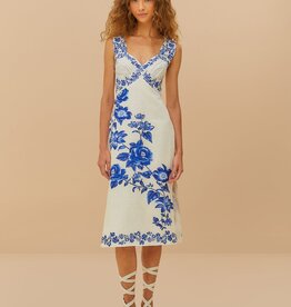 Farm Rio Off-White Floral Cascade Wavy Midi Dress