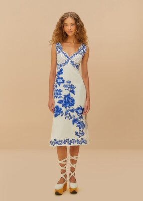 Farm Rio Off-White Floral Cascade Wavy Midi Dress