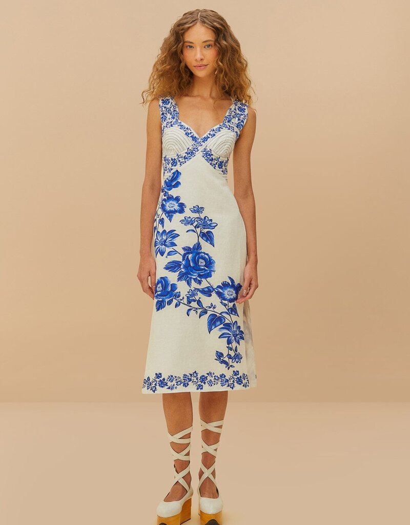 Farm Rio Off-White Floral Cascade Wavy Midi Dress