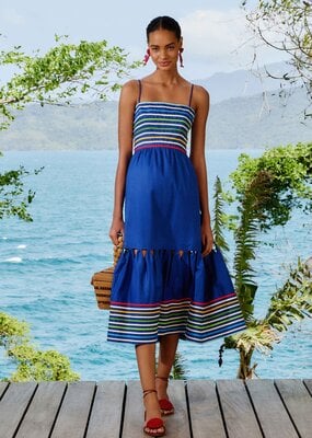 Farm Rio Blue Colored Stripes Midi Dress