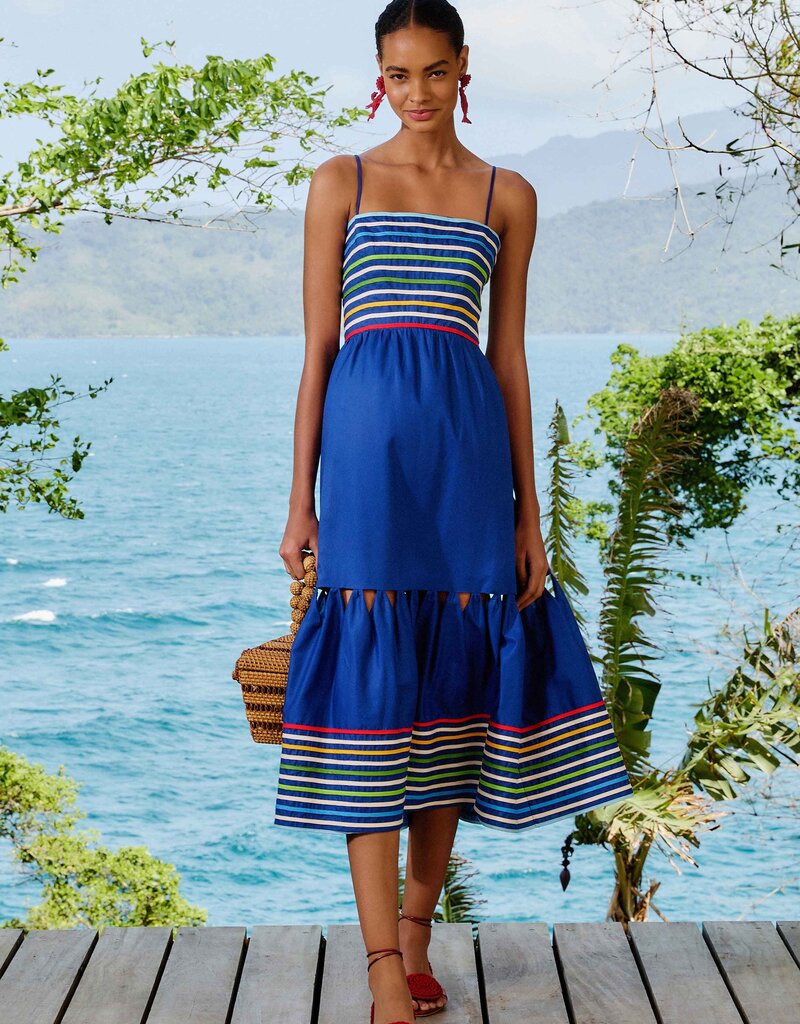 Farm Rio Blue Colored Stripes Midi Dress