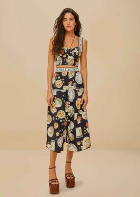 Farm Rio Black Trip Souvenir Organic Cotton Midi Skirt