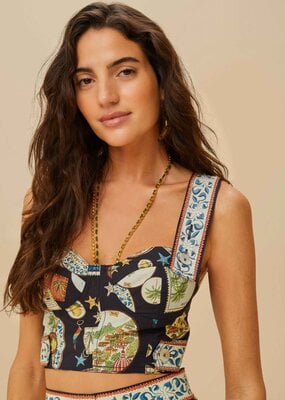 Farm Rio Black Trip Souvenir Topstitching Organic Cotton Top