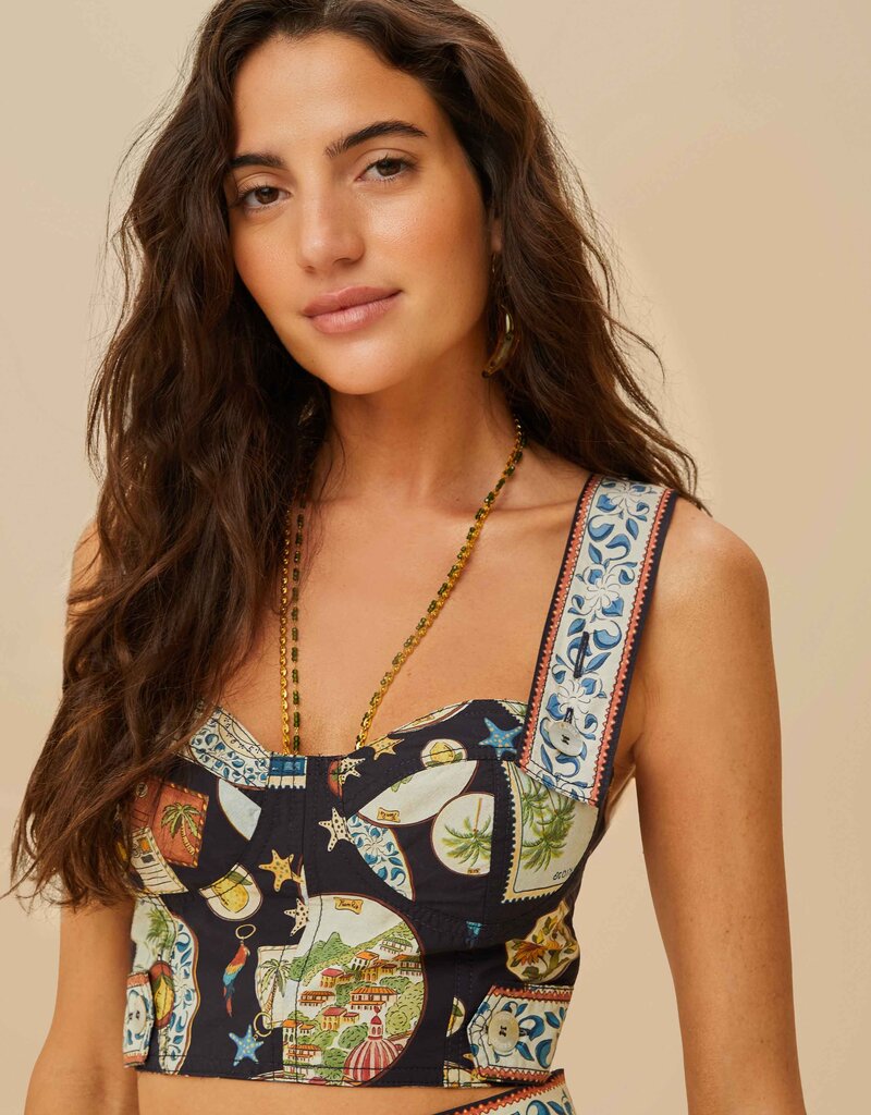 Farm Rio Black Trip Souvenir Topstitching Organic Cotton Top