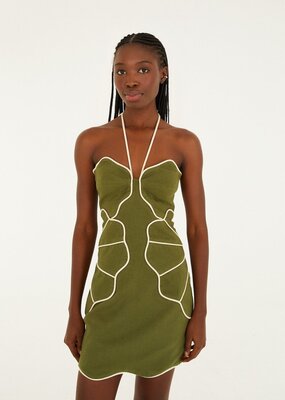 Farm Rio Green Wavy Trim Mini Dress