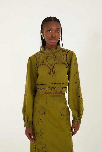 Green Majestic Garden Linen Richelieu Blouse