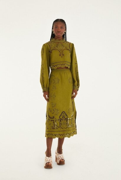 Green Majestic Garden Linen Richelieu Midi Skirt