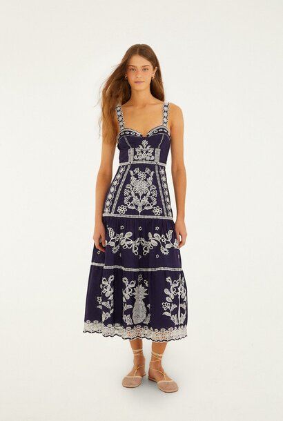 Blue Richilieu Embroidered Midi Dress