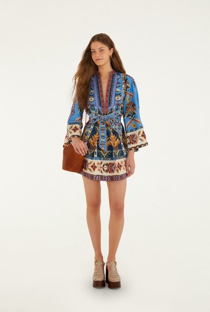 Blue Embroidered Tapestry Mini Dress