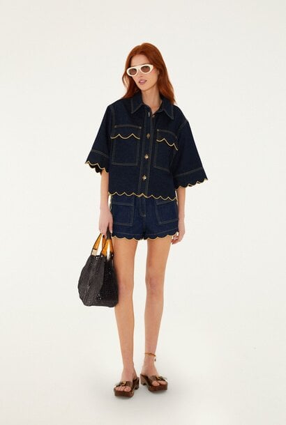 Dark Denim Wavy Hem Shorts