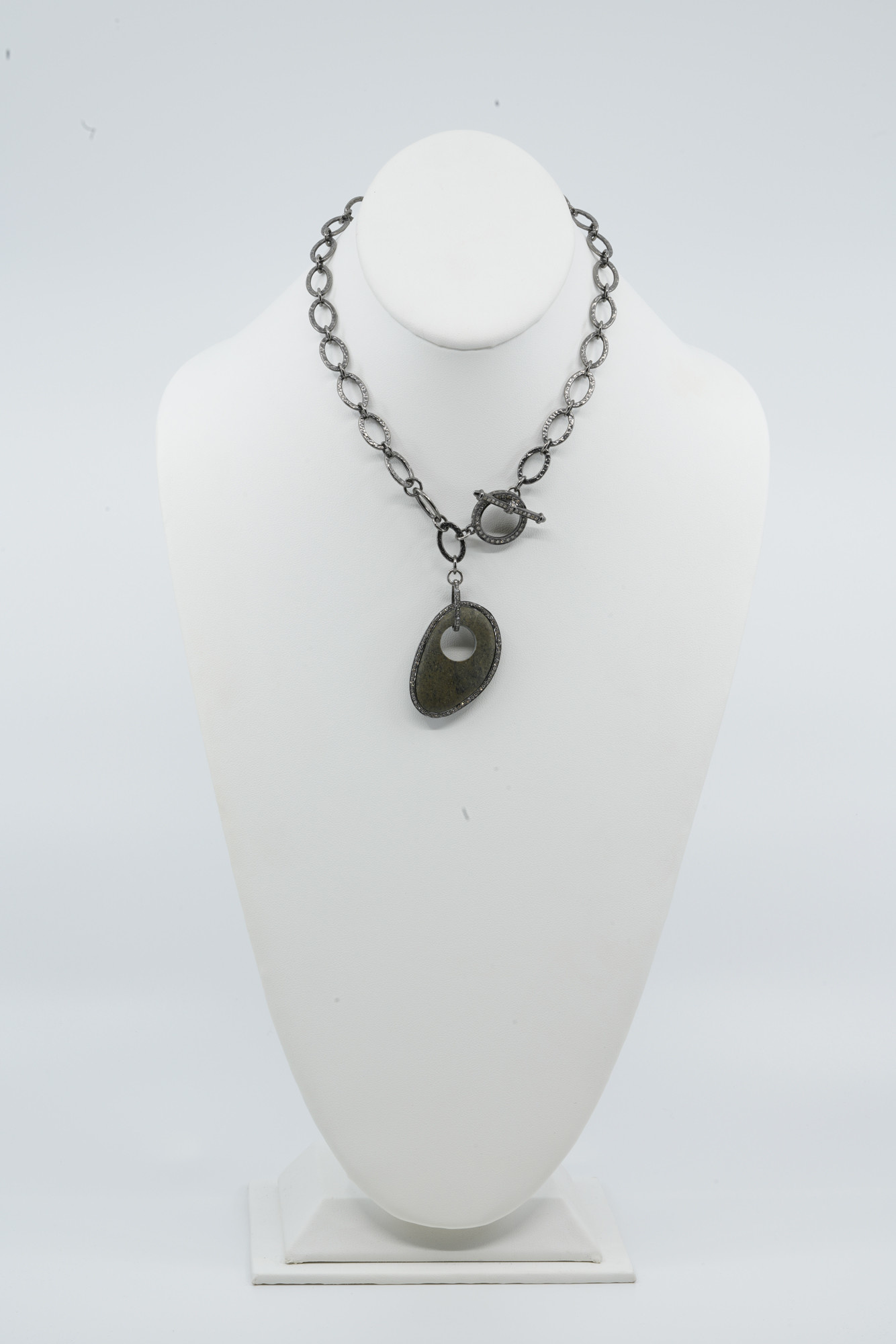 River Rock with Diamonds on Oxidized Silver Chain with Large Diamond Clasp