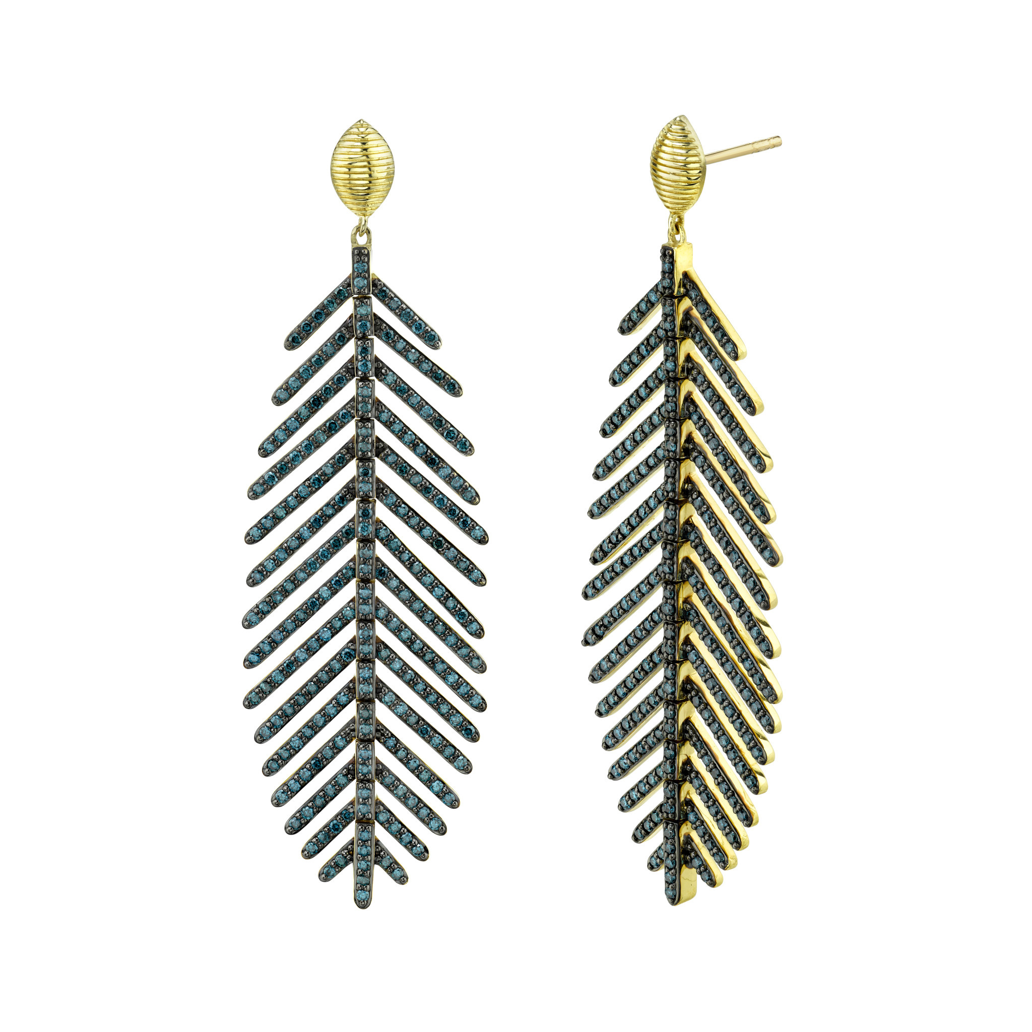 Medium Sized Feather Earring with Blue Diamond & Marquis Strie Top
