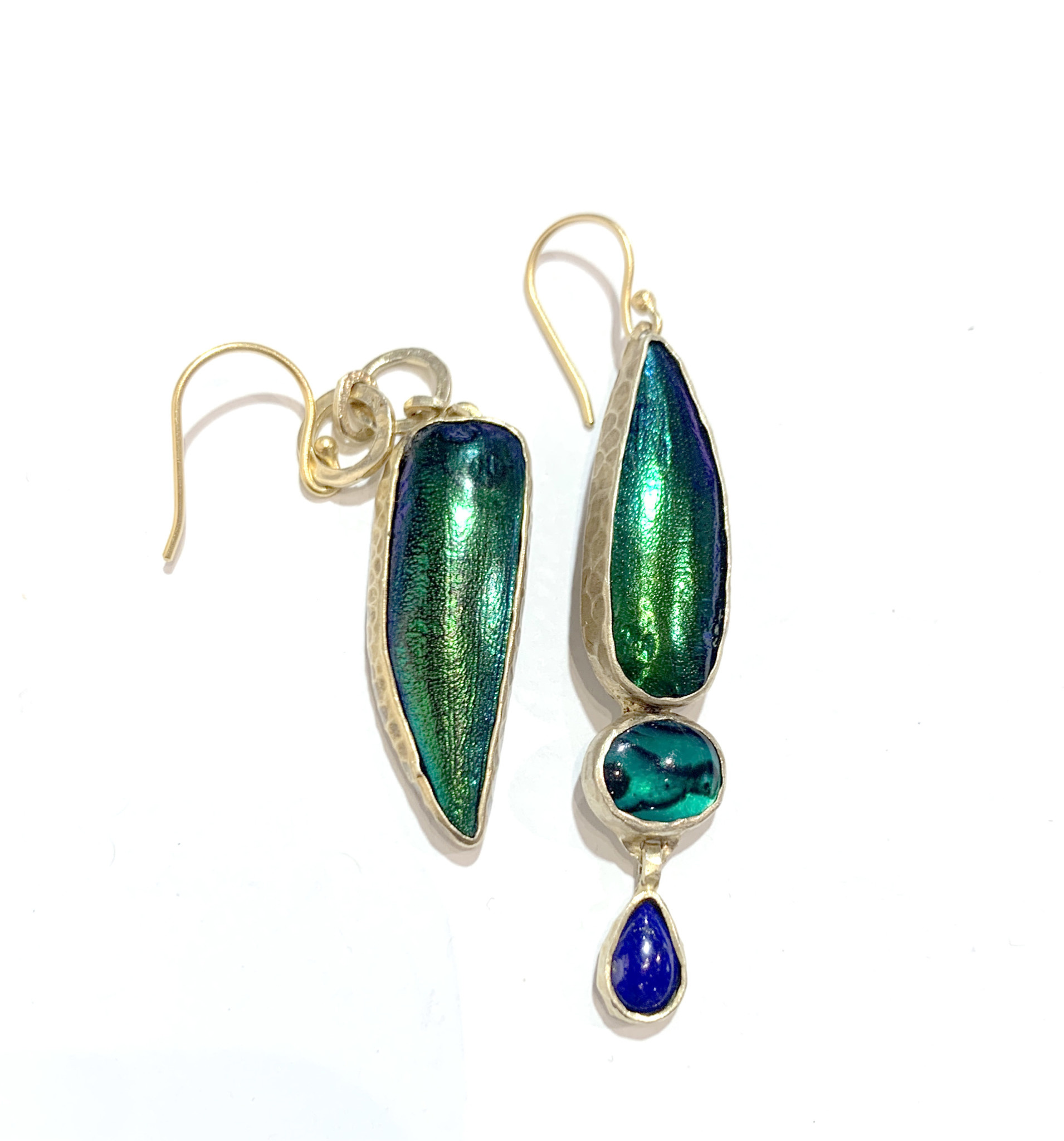 HBJ  Mix matched Thai Jewel Beetle wing, lapis and green paua earrings