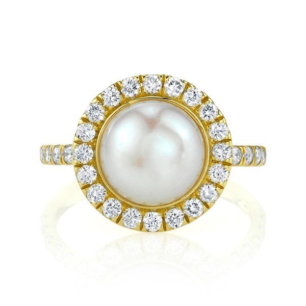 White Pearl Solitaire Ring with White Diamonds